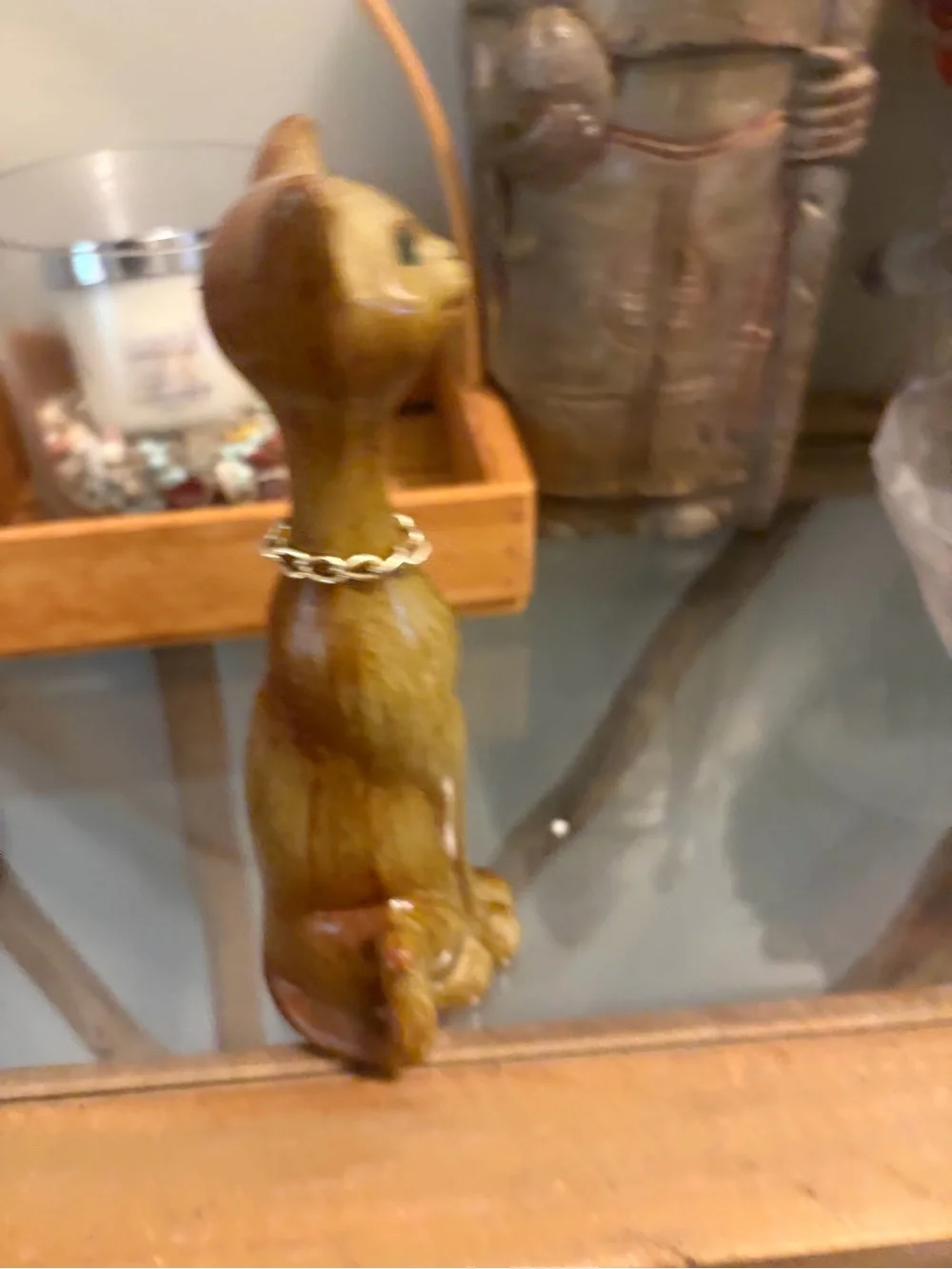 Vintage Decorative Cat Figurine w green gem eyes and necklace. Wood.